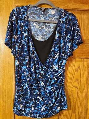 George Blue and Black Floral Faux-Layer V-Neck Blouse